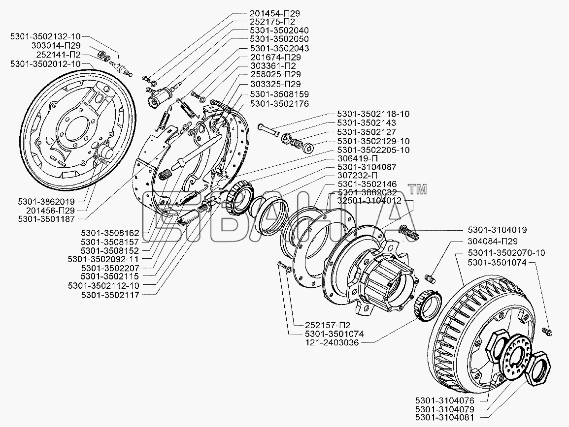 ЗИЛ ЗИЛ-5301 (2006) Схема Тормозной механизм и ступица заднего колеса